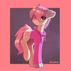 Size: 1600x1600 | Tagged: safe, artist:freeedon, imported from derpibooru, oc, oc only, oc:kiki strawberries, earth pony, pony, clothes, ear fluff, eye clipping through hair, femboy, hoodie, looking at you, male, smiling, solo, stallion