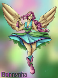 Size: 1024x1364 | Tagged: safe, artist:bunnynha, imported from derpibooru, fluttershy, human, equestria girls, clothes, crystal guardian, deviantart watermark, dress, obtrusive watermark, paraskirt, ponied up, solo, watermark