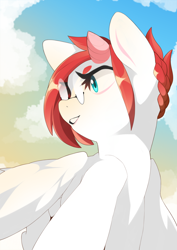 Size: 2894x4093 | Tagged: safe, artist:sugarelement, imported from derpibooru, oc, oc:red cherry, hybrid, pegasus, cloud, dramatic, flying, glasses, solo, sunset