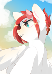 Size: 2894x4093 | Tagged: safe, artist:sugarelement, imported from derpibooru, oc, oc:red cherry, hybrid, pegasus, pony, cloud, dramatic, flying, solo