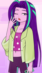 Size: 740x1280 | Tagged: safe, artist:batipin, imported from derpibooru, aria blaze, human, equestria girls, belly button, cellphone, female, loose hair, midriff, one eye closed, open mouth, phone, smartphone, solo, yawn