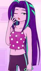 Size: 740x1280 | Tagged: safe, alternate version, artist:batipin, imported from derpibooru, aria blaze, human, equestria girls, bare shoulders, belly button, cellphone, female, loose hair, midriff, one eye closed, open mouth, phone, sleeveless, smartphone, solo, yawn