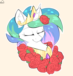 Size: 1150x1200 | Tagged: safe, artist:glazirka, imported from derpibooru, princess celestia, alicorn, pony, beige background, bust, eyes closed, flower, flower in hair, portrait, simple background, smiling, solo