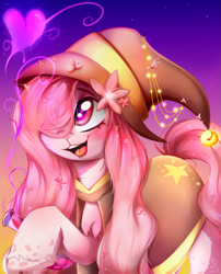 Size: 4007x4966 | Tagged: safe, artist:pozya1007, imported from derpibooru, oc, oc only, original species, pony, absurd resolution, clothes, commission, flower, hair over one eye, hat, magic, open mouth, potion, shiny, simple background, smiling, solo, witch hat, younger