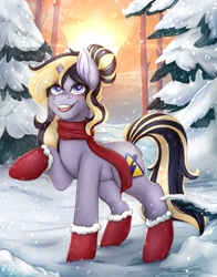 Size: 1001x1280 | Tagged: safe, artist:bellfa, imported from derpibooru, oc, oc only, pony, unicorn, blue eyes, broken horn, clothes, commission, female, forest, full body, horn, looking at you, mare, original art, pony oc, raised leg, scarf, smiling, smiling at you, snow, snowfall, socks, solo, tree, unicorn oc, wide eyes, winter, yellow hair