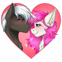 Size: 1600x1600 | Tagged: safe, artist:bellfa, imported from derpibooru, oc, oc only, pony, unicorn, bust, commission, couple, duo, duo male and female, ear fluff, embarrassed, eyelashes, female, gradient hair, green eyes, heart, holiday, horn, looking at each other, looking at someone, love, male, neck fluff, original art, pink hair, pony oc, red eyes, smiling, sticker, straight, unicorn oc, valentine, valentine's day, ych result
