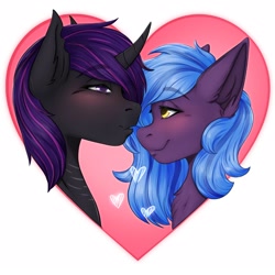 Size: 1600x1600 | Tagged: safe, alternate version, artist:bellfa, imported from derpibooru, oc, oc only, pony, unicorn, alternate character, blue hair, bust, commission, couple, curved horn, duo, duo male and female, ear fluff, embarrassed, eyelashes, female, gradient hair, heart, holiday, horn, looking at each other, looking at someone, love, male, neck fluff, original art, purple eyes, purple hair, smiling, sticker, straight, valentine, valentine's day, ych result, yellow eyes