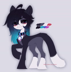 Size: 1998x2016 | Tagged: safe, artist:shenki, imported from derpibooru, oc, oc only, oc:shenki, cat, hybrid, pony, collar, collar ring, color palette, eyebrows, eyebrows visible through hair, eyelashes, floppy ears, gradient mane, high res, hybrid oc, multicolored coat, reference sheet, solo