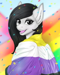 Size: 1600x2004 | Tagged: safe, artist:bellfa, imported from derpibooru, oc, oc only, anthro, anthro oc, black hair, commission, ear fluff, eyelashes, female, gradient hair, gray eyes, high res, lgbt, looking at you, nonbinary pride flag, open mouth, original art, pride, pride flag, smiling, smiling at you, solo, wide eyes, ych result