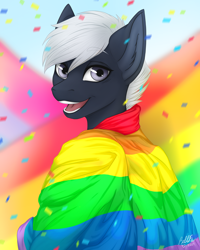 Size: 4032x5050 | Tagged: safe, alternate version, artist:bellfa, imported from derpibooru, oc, oc only, oc:aiden, anthro, alternate character, anthro oc, black hair, bust, commission, female, gray eyes, high res, lgbt, looking at you, open mouth, original art, portrait, pride, pride flag, smiling, smiling at you, solo, white hair, wide eyes, ych result