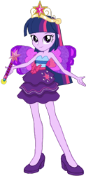 Size: 502x1024 | Tagged: safe, artist:fireluigi29, artist:user15432, imported from derpibooru, twilight sparkle, fairy, human, equestria girls, bare shoulders, big crown thingy, clothes, crown, dress, element of magic, fairy princess, fairy wings, fairyized, fall formal outfits, high heels, jewelry, looking at you, magic wand, purple wings, regalia, shoes, simple background, sleeveless, solo, strapless, transparent background, twilight sparkle (alicorn), wings