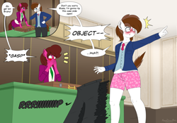 Size: 5000x3500 | Tagged: safe, artist:aarondrawsarts, imported from derpibooru, oc, oc:brain teaser, oc:rose bloom, anthro, blushing, boxers, brainbloom, clothes, courtroom, dialogue, embarrassed, female, lawyer, male, oc x oc, shipping, shocked, straight, suit, underwear, wardrobe malfunction