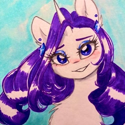 Size: 1024x1024 | Tagged: safe, artist:cherubisous, imported from derpibooru, rarity, pony, unicorn, bust, chest fluff, ear piercing, earring, female, jewelry, looking at you, piercing, portrait, smiling, solo, traditional art