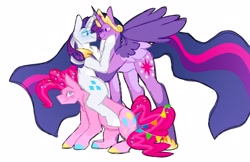 Size: 2048x1331 | Tagged: safe, artist:lockandkeyhyena, imported from derpibooru, pinkie pie, rarity, twilight sparkle, alicorn, earth pony, pony, unicorn, the last problem, colored sketch, crown, ethereal mane, ethereal tail, female, height difference, hoof shoes, imminent kissing, jewelry, lesbian, older, older pinkie pie, older rarity, older twilight, polyamory, princess twilight 2.0, rarilight, rarilightpie, raripie, regalia, shipping, simple background, sitting on person, sitting on pony, tail, trio, trio female, twilight sparkle (alicorn), twinkie, white background, wingman