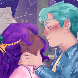 Size: 1280x1280 | Tagged: safe, artist:edgiest_jazzy, imported from derpibooru, hitch trailblazer, pipp petals, human, blackwashing, city, clothes, dark skin, ear piercing, earring, female, g5, hitchpipp, house, humanized, imminent kissing, jacket, jewelry, male, night, piercing, shipping, shooting star, straight, streetlight, tumblr nose