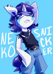 Size: 2427x3415 | Tagged: safe, artist:nekosnicker, imported from derpibooru, rarity, semi-anthro, unicorn, belt, belt buckle, clothes, ear piercing, female, jewelry, makeup, necklace, pants, piercing, sharp teeth, shirt, sleeveless, sleeveless shirt, solo, teeth