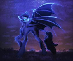 Size: 1143x967 | Tagged: safe, artist:viktori50235105, imported from derpibooru, oc, oc only, bat pony, blood, coat markings, facial markings, fangs, glowing, glowing eyes, lens flare, leonine tail, male, night, solo, stars, tail