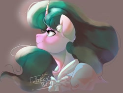Size: 2048x1548 | Tagged: safe, artist:mikkybun, imported from derpibooru, mistmane, unicorn, bust, chest fluff, clothes, curved horn, ear fluff, female, horn, solo