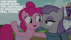 Size: 1280x720 | Tagged: safe, edit, edited screencap, editor:quoterific, imported from derpibooru, screencap, maud pie, pinkie pie, earth pony, pony, rock solid friendship, season 7, duo, female, mare, open mouth, open smile, smiling, text, twilight's castle