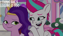 Size: 1280x720 | Tagged: safe, edit, edited screencap, editor:quoterific, imported from derpibooru, screencap, pipp petals, zipp storm, pegasus, pony, spoiler:g5, spoiler:my little pony: tell your tale, spoiler:tyts01e09, duo, female, g5, it's t.u.e.s. day, looking at each other, looking at someone, mare, my little pony: tell your tale, open mouth, open smile, smiling, smiling at each other, text