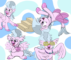 Size: 3541x2987 | Tagged: safe, artist:doodledonutart, imported from derpibooru, silverstream, hippogriff, seapony (g4), cute, diastreamies, female, happy, jewelry, necklace, open mouth, open smile, shutter shades, smiling, spread wings, stairs, sunglasses, that hippogriff sure does love stairs, wings