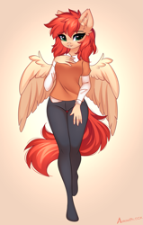 Size: 1393x2196 | Tagged: safe, alternate version, artist:airiniblock, imported from derpibooru, oc, oc only, oc:firefly, anthro, pegasus, unguligrade anthro, abstract background, adorasexy, anthro oc, clothes, cute, ear fluff, female, gradient background, pantyhose, pegasus oc, sexy, solo, tights, wings