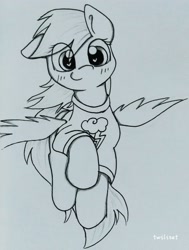 Size: 1958x2584 | Tagged: safe, artist:twiliset, imported from derpibooru, rainbow dash, pegasus, pony, black and white, blushing, clothes, cute, female, flying, grayscale, heart, heart eyes, mare, monochrome, one ear down, paper, shirt, signature, simple background, smiling, solo, spread wings, t-shirt, traditional art, wingding eyes, wings