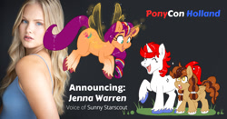 Size: 1200x628 | Tagged: safe, imported from derpibooru, sunny starscout, oc, oc:poffertje, oc:stroopwafeltje, alicorn, human, pegasus, pony, unicorn, eyes closed, g5, horn, irl, irl human, jenna warren, mascot, my little pony: a new generation, open mouth, pegasus oc, photo, ponycon holland, race swap, sunnycorn, unicorn oc, voice actor