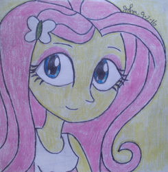 Size: 2427x2472 | Tagged: safe, artist:johnmarkee1995, imported from derpibooru, fluttershy, human, equestria girls, 2016, clothes, female, high res, solo, tanktop, traditional art