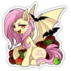 Size: 500x500 | Tagged: safe, artist:zakro, imported from derpibooru, fluttershy, bat, bat pony, pony, apple, bat ponified, female, flutterbat, food, mare, race swap, simple background, solo, white background, wings