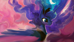 Size: 1920x1080 | Tagged: safe, artist:hierozaki, imported from derpibooru, princess luna, alicorn, pony, abstract background, crescent moon, eyebrows, female, mare, moon, smiling, solo