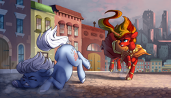 Size: 3490x2000 | Tagged: safe, artist:28gooddays, imported from derpibooru, oc, oc only, oc:nova glow, earth pony, pony, unicorn, chase, city, cityscape, cloak, clothes, ear piercing, earring, female, glowing, glowing horn, horn, jewelry, leg rings, mare, piercing, tripping