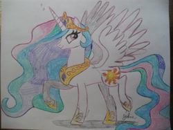 Size: 2828x2121 | Tagged: safe, artist:johnmarkee1995, imported from derpibooru, princess celestia, alicorn, pony, 2013, female, high res, mare, raised hoof, simple background, solo, traditional art, white background