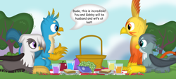 Size: 3520x1570 | Tagged: safe, artist:porygon2z, imported from derpibooru, gabby, gallus, oc, oc:blaze, oc:raiza, griffon, apple, basket, blabby, canon x oc, double date, female, food, grapes, male, picnic, picnic basket, picnic blanket, railus, sandwich, tree