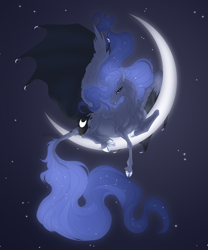 Size: 1000x1200 | Tagged: safe, artist:dementra369, imported from derpibooru, princess luna, alicorn, pony, cloven hooves, crescent moon, curved horn, ethereal mane, fangs, horn, hybrid wings, leonine tail, moon, solo, starry mane, tail, tangible heavenly object, wings