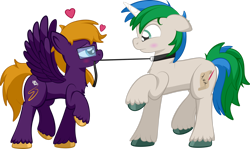 Size: 1920x1143 | Tagged: safe, artist:alexdti, imported from derpibooru, oc, oc only, oc:purple creativity, oc:star logic, pegasus, pony, unicorn, bedroom eyes, blushing, chest fluff, commission, duo, duo male and female, ears back, eye contact, female, glasses, heart, hooves, horn, leash, looking at each other, looking at someone, male, mare, mouth hold, oc x oc, pegasus oc, pet play, raised hoof, raised leg, shipping, simple background, spread wings, stallion, standing on two hooves, tail, transparent background, two toned mane, two toned tail, unicorn oc, unshorn fetlocks, wings, your character here