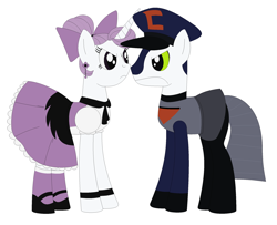 Size: 2216x1800 | Tagged: safe, imported from derpibooru, pony, bow, clothes, crossover, dress, ear piercing, earring, escape from cluster prime, female, hair bow, hat, jewelry, male, mare, my life as a teenage robot, piercing, ponified, snarus, stallion, xj-4, xj-4 vs. snarus