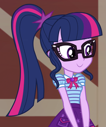 Size: 805x957 | Tagged: safe, imported from derpibooru, screencap, sci-twi, twilight sparkle, human, equestria girls, equestria girls series, holidays unwrapped, spoiler:eqg series (season 2), clothes, cropped, cute, cutie mark on clothes, geode of telekinesis, glasses, grin, jewelry, magical geodes, pendant, polo shirt, ponytail, skirt, smiling, solo, the cider louse fools, twiabetes