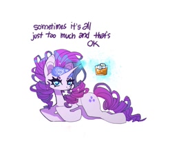 Size: 841x744 | Tagged: safe, artist:batthsalts, imported from derpibooru, rarity, pony, unicorn, alcohol, dialogue, glass, ice, looking at you, magic, sleep mask, solo, telekinesis, tumbler, unamused