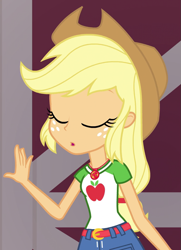 Size: 677x935 | Tagged: safe, imported from derpibooru, screencap, applejack, human, equestria girls, equestria girls series, holidays unwrapped, spoiler:eqg series (season 2), belt, blonde hair, clothes, cowboy hat, cropped, cutie mark on clothes, denim, denim skirt, geode of super strength, hat, jewelry, low ponytail, magical geodes, necklace, open mouth, orange skin, shirt, skirt, solo, stetson, t-shirt, the cider louse fools, whew