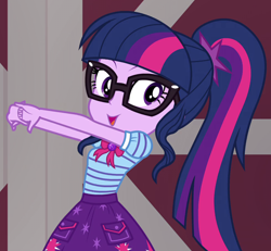 Size: 982x908 | Tagged: safe, imported from derpibooru, screencap, sci-twi, twilight sparkle, human, equestria girls, equestria girls series, holidays unwrapped, spoiler:eqg series (season 2), bowtie, clothes, cracking knuckles, cropped, cutie mark on clothes, geode of telekinesis, glasses, jewelry, looking at someone, magical geodes, open mouth, open smile, pendant, polo shirt, ponytail, skirt, smiling, solo, stretching, the cider louse fools