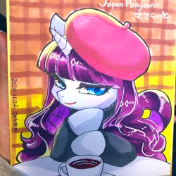 Size: 2048x2048 | Tagged: safe, artist:zakro, imported from derpibooru, rarity, pony, unicorn, beatnik rarity, beret, clothes, coffee, coffee cup, cup, female, hat, horn, lidded eyes, looking at you, mare, solo, sweater