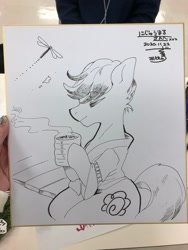 Size: 1536x2048 | Tagged: safe, artist:zakro, imported from derpibooru, oc, oc only, earth pony, pony, cup, drink, japanese, monochrome, traditional art