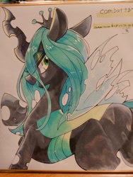 Size: 768x1024 | Tagged: safe, artist:zakro, imported from derpibooru, queen chrysalis, changeling, changeling queen, butt, commission, female, japanese, mare, plot, solo, traditional art