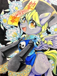 Size: 1536x2048 | Tagged: safe, artist:zakro, imported from derpibooru, derpy hooves, pegasus, pony, undead, clothes, costume, flower, hat, jiangshi, open mouth, open smile, smiling, traditional art, yin-yang