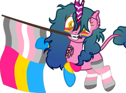 Size: 1229x908 | Tagged: safe, artist:yeetmedownthestairs, imported from derpibooru, oc, oc only, oc:candy fae, kirin, clothes, commission, cute, demigirl, demigirl pride flag, ear piercing, earring, face paint, fangs, female, grin, jewelry, kirin oc, lip piercing, mouth hold, nose piercing, pansexual, pansexual pride flag, piercing, pride, pride flag, pride month, raised hoof, simple background, smiling, socks, solo, striped socks, tattoo, transparent background, ych result