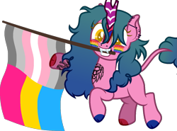 Size: 1229x908 | Tagged: safe, alternate version, artist:yeetmedownthestairs, imported from derpibooru, oc, oc only, oc:candy fae, kirin, commission, cute, demigirl, demigirl pride flag, ear piercing, earring, face paint, fangs, female, grin, jewelry, kirin oc, lip piercing, mouth hold, nose piercing, pansexual, pansexual pride flag, piercing, pride, pride flag, pride month, raised hoof, simple background, smiling, solo, tattoo, transparent background, ych result