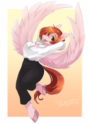 Size: 1448x2048 | Tagged: safe, artist:zakro, imported from derpibooru, oc, oc only, oc:weathervane, anthro, pegasus, unguligrade anthro, clothes, female, looking at you, mare, simple background, solo, white background, wings