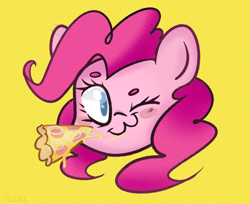 Size: 1740x1422 | Tagged: safe, artist:pozya1007, imported from derpibooru, pinkie pie, earth pony, pony, :3, beanbrows, bust, eyebrows, food, head only, no pupils, one eye closed, pizza, portrait, solo, wink