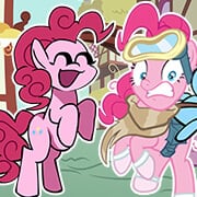 Size: 180x180 | Tagged: safe, imported from derpibooru, pinkie pie, earth pony, pony, bag, clothes, dusk till dawn, eyes closed, female, friday night funkin', funkin' is magic, goggles, mare, pibby, ponyville, riding a pony, saddle bag, self paradox, self ponidox, shocked, smiling, socks, youtube link